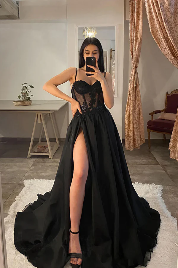 Long black evening dress with split best sale