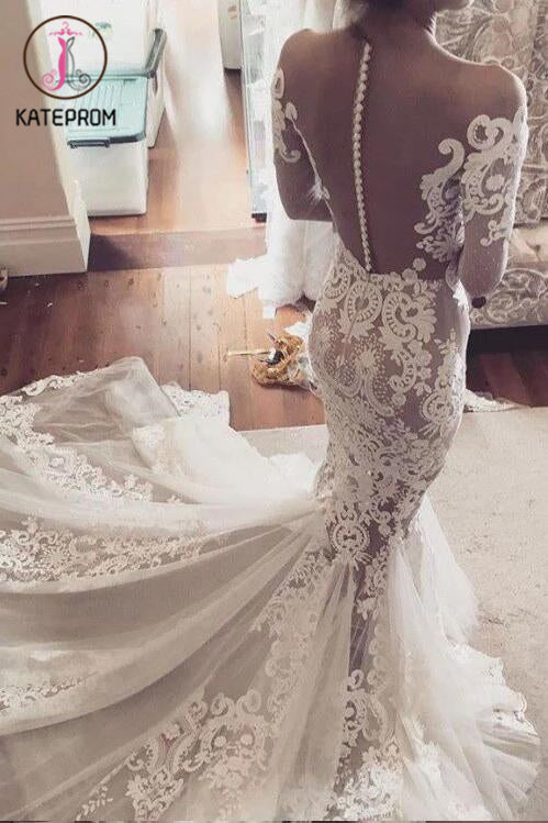 See-through Mermaid Wedding Dresses,Lace Appliques Long Sleeves