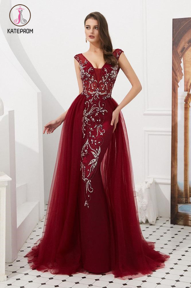 Burgundy Tulle A-Line Long Evening Prom Dresses With Detachable