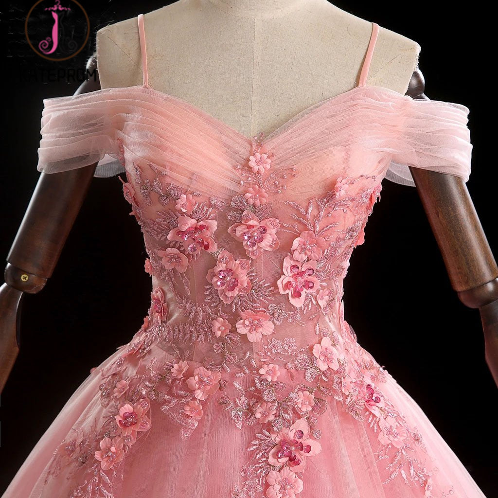 off Shoulder Pink Bridal Ball Gowns Lace Tulle Quinceanera Dresses
