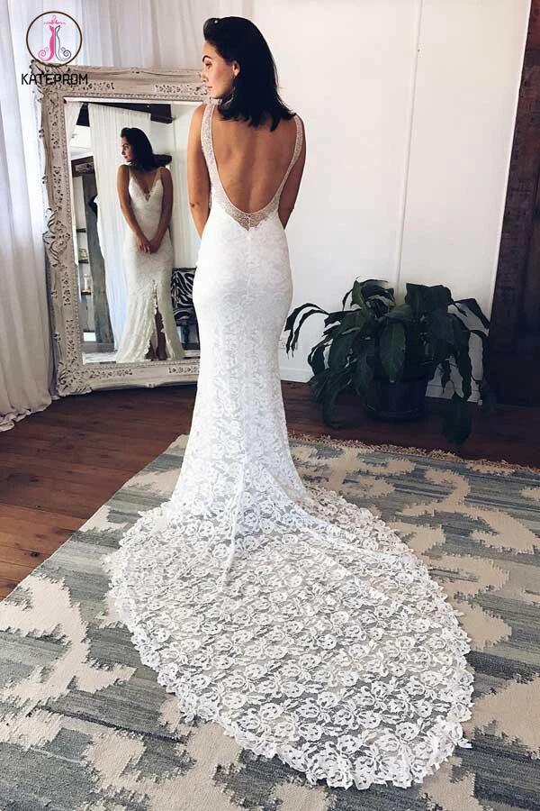 Beach Wedding Dresses Mermaid Backless Lace Halter Neck Sweep Train Bridal  Gowns