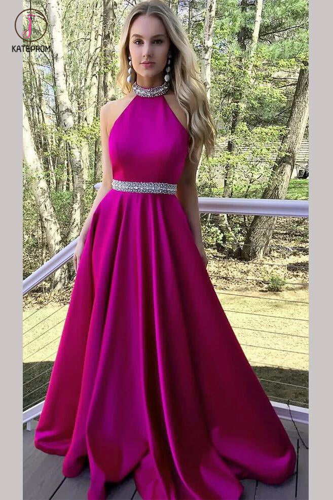 Pink High Neck Prom Dress