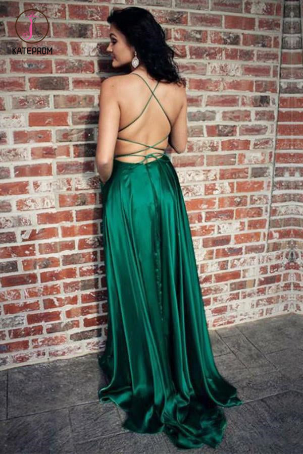 Emerald Green Spaghetti Strap Split Prom Dress, Sexy Long Evening Dress  with Slit KPP0566