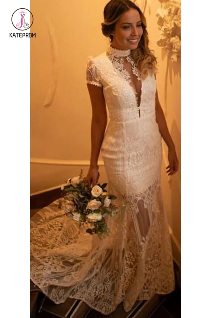 Vintage High Neck Lace Wedding Dress with Short Sleeves, See Through Bridal  Dresses KPW0378