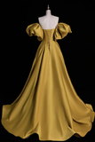 Gold Satin A Line Lace Up Long Party Dress with Sleeves, Gold Satin Prom Dress KPP2047