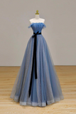 Blue Tulle A Line Strapless Long Prom Dress, Beautiful Evening Party Dress KPP2037