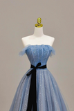 Blue Tulle A Line Strapless Long Prom Dress, Beautiful Evening Party Dress KPP2037