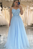 Light Blue A Line Tulle Straps Long Party Dress, Light Blue Prom Dress KPP2039