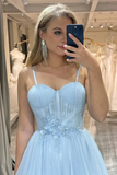 Light Blue A Line Tulle Straps Long Party Dress, Light Blue Prom Dress KPP2039