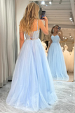 Light Blue A Line Tulle Straps Long Party Dress, Light Blue Prom Dress KPP2039