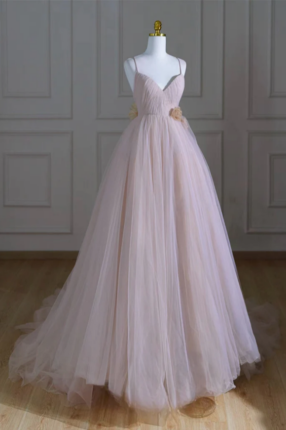 A Line V Neck Tulle Pink Long Prom Dress, Pink Tulle Long Formal Dress KPP2041