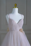 A Line V Neck Tulle Pink Long Prom Dress, Pink Tulle Long Formal Dress KPP2041