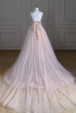 A Line V Neck Tulle Pink Long Prom Dress, Pink Tulle Long Formal Dress KPP2041