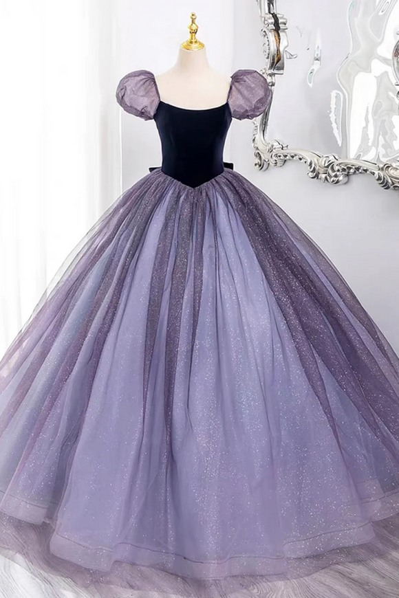 Purple Tulle and Velvet Floor Length Prom Dress, A Line Short Sleeve Party Dress KPP2042