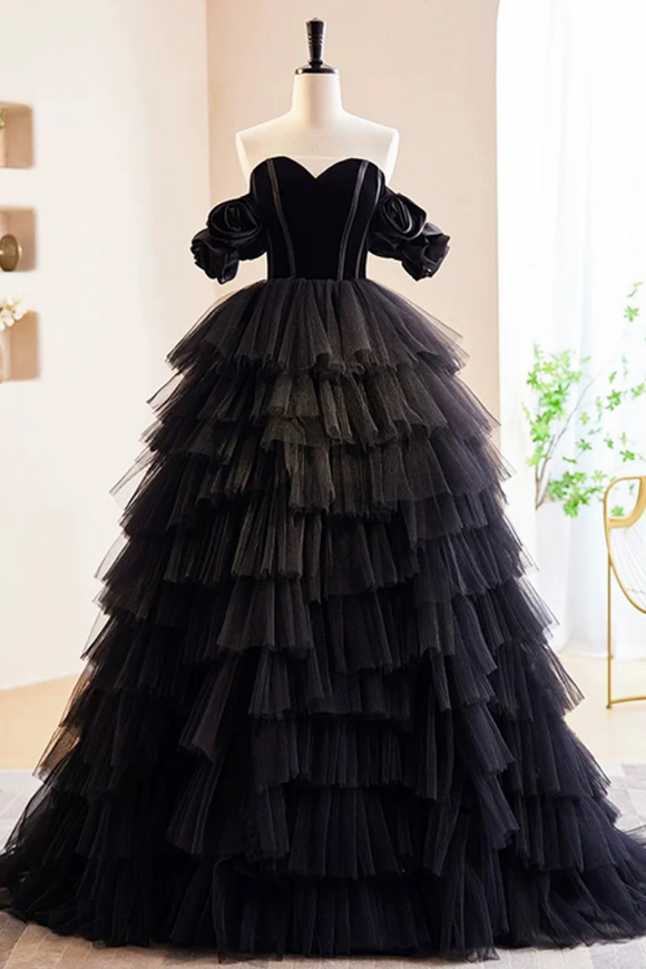 Black Velvet and Tulle Long Prom Dress, A Line Off the Shoulder Formal Evening Dress KPP2046