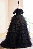 Black Velvet and Tulle Long Prom Dress, A Line Off the Shoulder Formal Evening Dress KPP2046