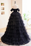 Black Velvet and Tulle Long Prom Dress, A Line Off the Shoulder Formal Evening Dress KPP2046