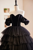 Black Velvet and Tulle Long Prom Dress, A Line Off the Shoulder Formal Evening Dress KPP2046