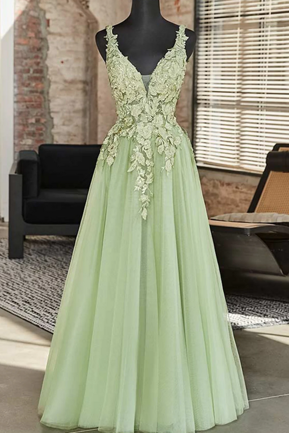 Green A Line V Neckline Tulle with Lace Long Party Dress, Tulle Prom Dress KPP2048