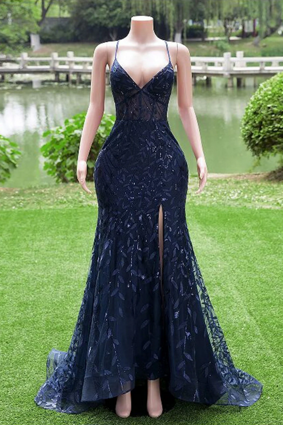 Navy Blue Mermaid Long Prom Dress with Leg Slit, Navy Blue Party Dress KPP2051