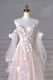 A Line Sweetheart Neck Long Sleeve Lace Tulle Light Champagne Prom Dress KPP2052