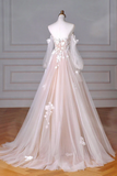 A Line Sweetheart Neck Long Sleeve Lace Tulle Light Champagne Prom Dress KPP2052