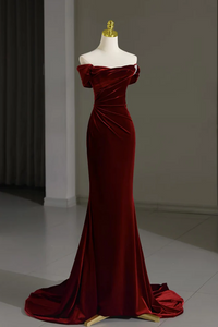 Mermaid Velvet Burgundy Long Prom Dress, Burgundy Long Formal Dress KPP2053