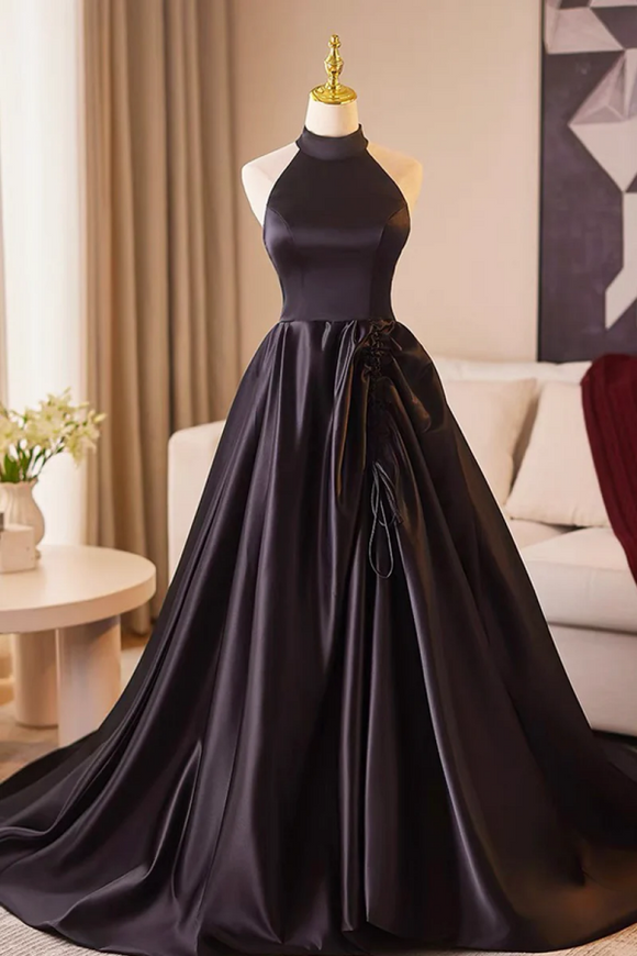 Black Halter Satin Long Prom Dress, Elegant A Line Backless Party Dress KPP2054