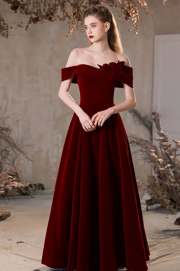 A Line Off Shoulder Velvet Burgundy Long Prom Dress, Burgundy Long Formal Dress KPP2055