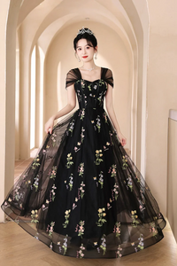 Black Tulle Lace Long Prom Dress, Black A Line Off the Shoulder Evening Party Dress KPP2056