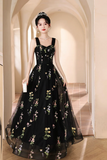 Black Tulle Lace Long Prom Dress, Black A Line Off the Shoulder Evening Party Dress KPP2056