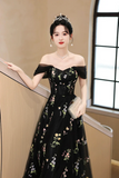 Black Tulle Lace Long Prom Dress, Black A Line Off the Shoulder Evening Party Dress KPP2056