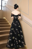 Black Tulle Lace Long Prom Dress, Black A Line Off the Shoulder Evening Party Dress KPP2056