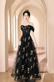 Black Tulle Lace Long Prom Dress, Black A Line Off the Shoulder Evening Party Dress KPP2056