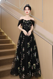 Black Tulle Lace Long Prom Dress, Black A Line Off the Shoulder Evening Party Dress KPP2056