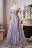 Lovely A Line Tulle Sequins Floor Length Prom Dress, Off the Shoulder Evening Party Dress KPP2057