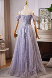 Lovely A Line Tulle Sequins Floor Length Prom Dress, Off the Shoulder Evening Party Dress KPP2057