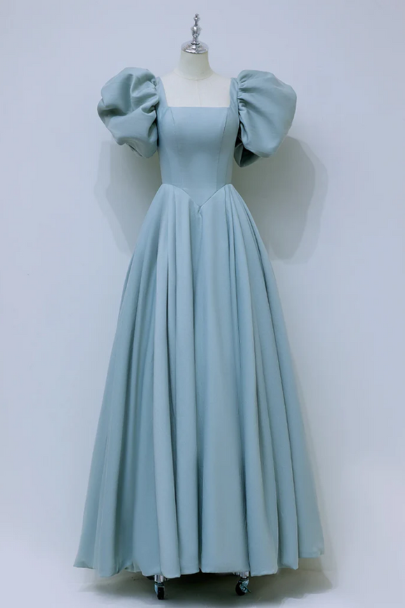 A Line Puff Sleeves Satin Blue Long Prom Dress, Blue Long Formal Dress KPP2059