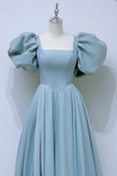 A Line Puff Sleeves Satin Blue Long Prom Dress, Blue Long Formal Dress KPP2059