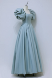 A Line Puff Sleeves Satin Blue Long Prom Dress, Blue Long Formal Dress KPP2059