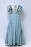 A Line Puff Sleeves Satin Blue Long Prom Dress, Blue Long Formal Dress KPP2059