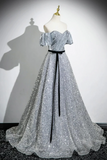 Silver Sequins Floor Length Short Sleeve Prom Dress, Sparkly A Line Off the Shoulder Party Dress KPP2060