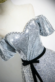 Silver Sequins Floor Length Short Sleeve Prom Dress, Sparkly A Line Off the Shoulder Party Dress KPP2060