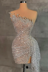 Custom Made Mermaid Silver Beading Sequined Pleated Prom Dresses Miniskirt Short Cocktail Dresses KPP2063