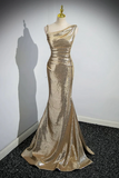 Gold Sequins Long Prom Dress, Mermaid One Shoulder Evening Party Dress KPP2064