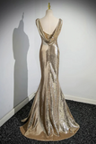 Gold Sequins Long Prom Dress, Mermaid One Shoulder Evening Party Dress KPP2064