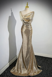 Gold Sequins Long Prom Dress, Mermaid One Shoulder Evening Party Dress KPP2064