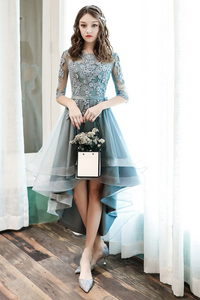 A Line Tulle Lace Gray Green High Low Prom Dress, Gray Green Formal Dress KPP2065