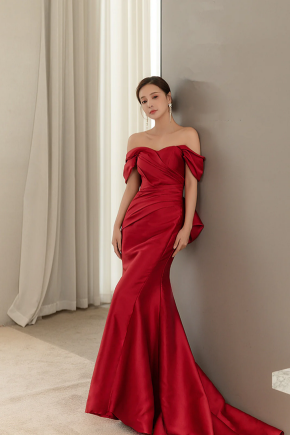 Wine Red Satin Mermaid Long Party Dress with Bow, Wine Red Off Shoulder Prom Dress KPP2066