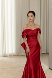 Wine Red Satin Mermaid Long Party Dress with Bow, Wine Red Off Shoulder Prom Dress KPP2066